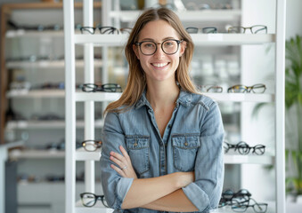 Mujer joven con gafas de ver,  posando con los brazos cruzados sobre fondo de expositor con gafas graduadas en el interior de una óptica - obrazy, fototapety, plakaty