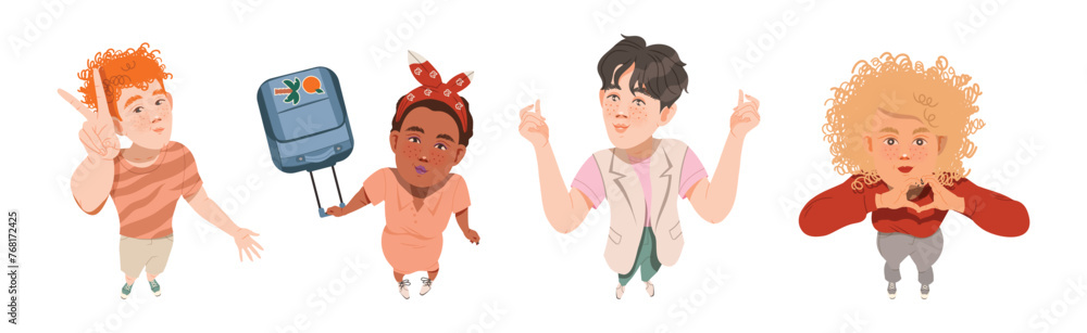 Aufkleber smiling people character looking up view from above vector set