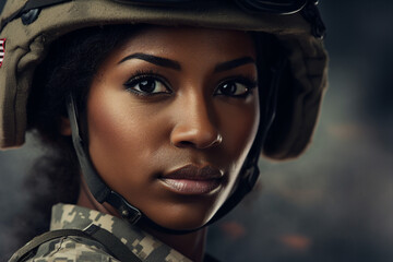 Generative AI image of beautiful female soldier in camouflage uniform in military security - Powered by Adobe