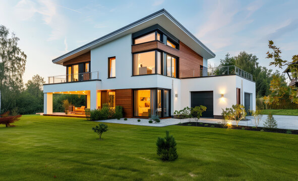 contemporaneo chalet de lineas simles y rectas, blanco de tres plantas,  moderno con grandes ventanales, garaje y  jard&iacute;n exterior rodeado de grandes &aacute;rboles, sobre fondo de cielo azul al atardecer