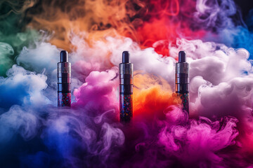 Naklejka premium Colorful wallpaper style AI generation illustration pic bright vape e-cigs smoke advertising product