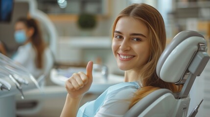 Woman in Dental Chair Giving Thumbs Up
