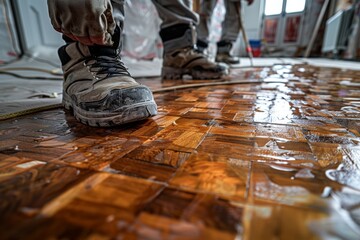 Detailed close-up of construction worker&#x27;s shoes stepping on freshly applied epoxy resin on floor