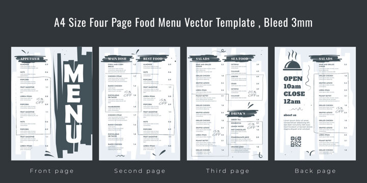 Restaurant cafe menu, template design, A4 size four page food menu template, Bleed 3mm