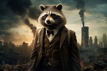 a raccoon in a suit and tie - obrazy, fototapety, plakaty