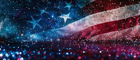American flag and bokeh double exposure abstract background with copy space for american celebrations. US flag abstract, holiday, democracy, presidential, festival, event, memorial, labour & new year - obrazy, fototapety, plakaty
