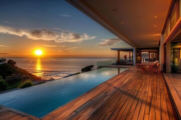Elegant wooden terrace deck with an infinity swimming pool overlooking the sea, modern architecture, scenery sunset and panoramic view of Cape Town's beachfront. Luxury home.