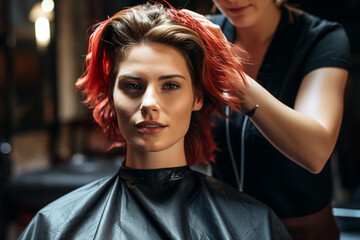 AI generated image of beautiful model young and confident female hair stylist at salon