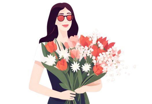 bouquet Valentine's beautiful Women's vector March flowers Mother's Day Concept illustration holds woman A Flat Isolated Nature Love Girl Hair Floral Beauty Happy