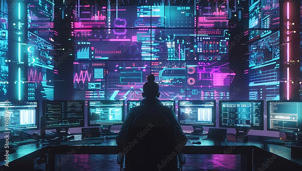 Aufkleber business person seated at a desk surrounded by screens filled with overwhelming data and social medi