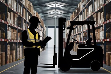 Silhouette inspector examines waybill with forklift Logistics and travel concept
