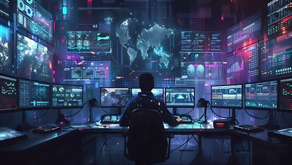 Business person seated at a desk surrounded by screens filled with overwhelming data and social media notifications expressing stress and overload in a high-tech office environment. Generative AI - obrazy, fototapety, plakaty