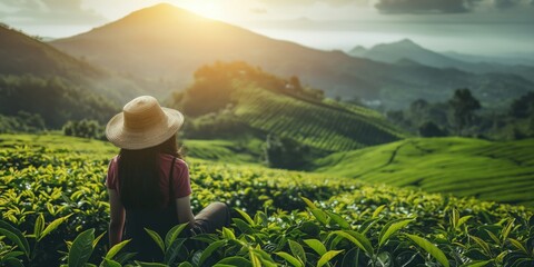 Fototapeta premium Tranquil sunrise over tea hills with woman enjoying the view, concept of peace and nature