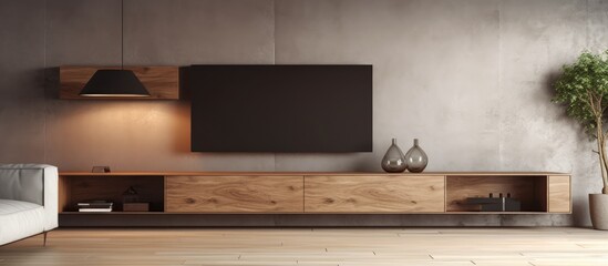 A living room featuring a comfortable couch and a flat-screen television placed on an empty wooden TV cabinet against the wall. The room appears inviting and ready for relaxation.