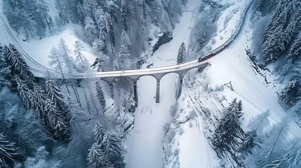 Foto op Plexiglas Landwasserviaduct Majestic Journey Through the Swiss Alps  Aerial View of a Train Traversing the Landwasser Viaduct in Winter