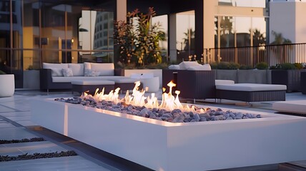 Outdoor fireplace patio with white exterior & modern courtyard setting. Large built-in gas flame fire pit. Outdoor seating lounge area. Cozy place. - obrazy, fototapety, plakaty