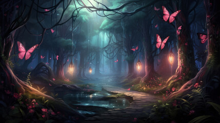 Fantasy fairytale forest with roses and butterflys background, magical forest wallaper	