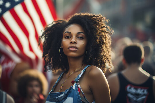 Generated AI portrait of beautiful girl in front of american flag festive crowd national women day