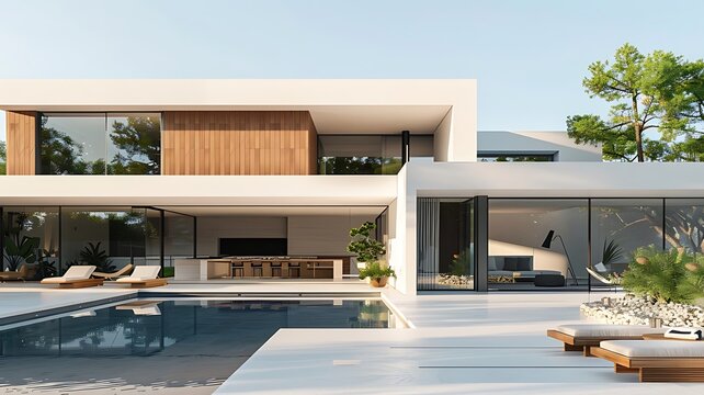 Contemporary villa oasis: Minimalist design, Poolside serenity, Garden views, Ultimate summer relaxation.