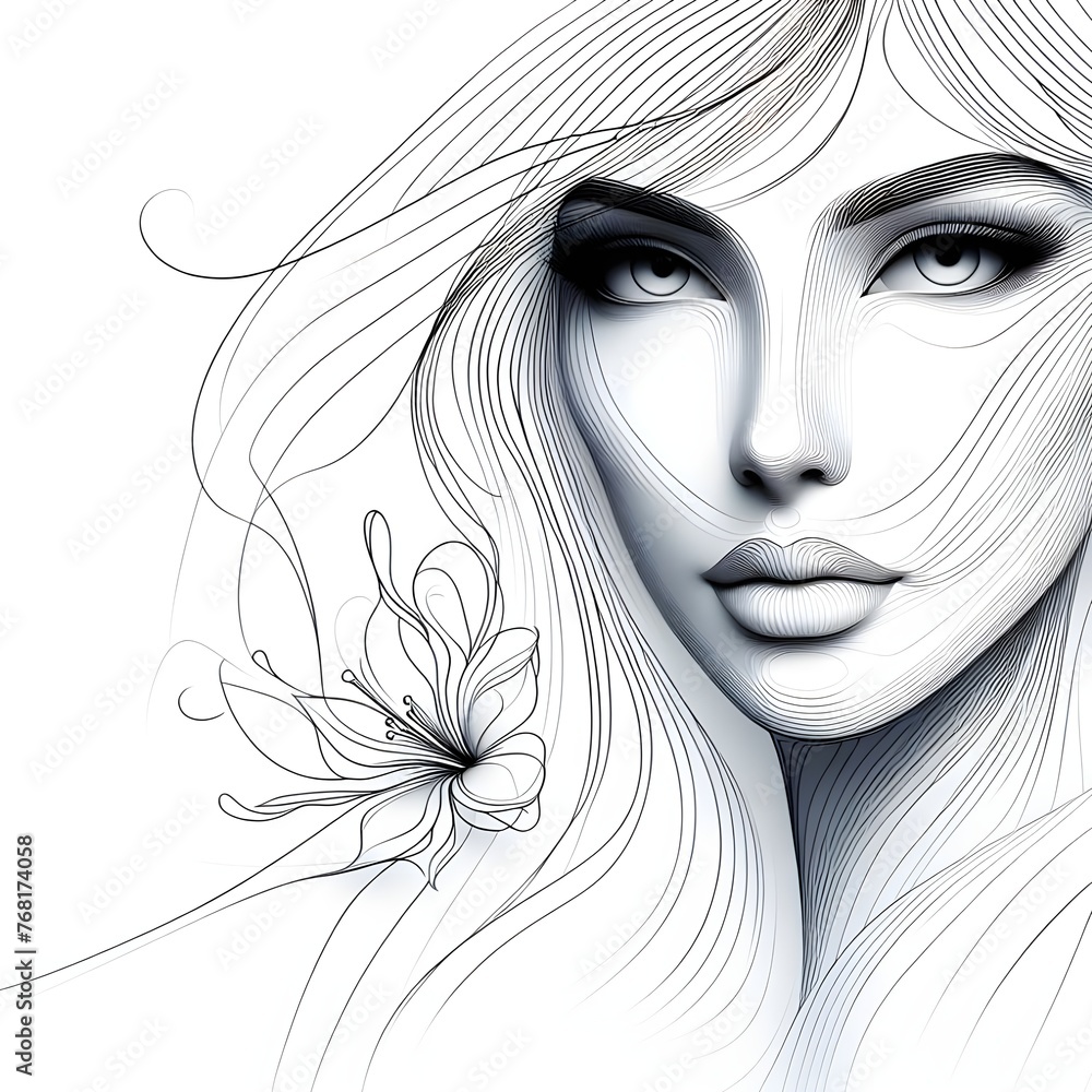 Wall mural Ai generates beautiful woman face line style black and white luxury makeup beauty aesthetics salon spa illustration