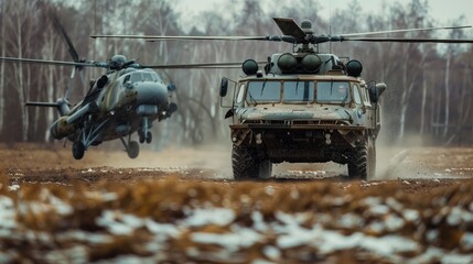 Military Vehicles and Helicopter in Field