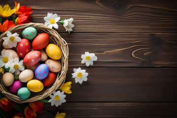 Fototapeta na wymiar Generative AI picture bright graphics montage Easter holiday theme painted eggs bunny ears fresh tulips dinner decorations