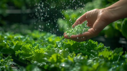 Hand Sprinkling Water on Green Plant - obrazy, fototapety, plakaty