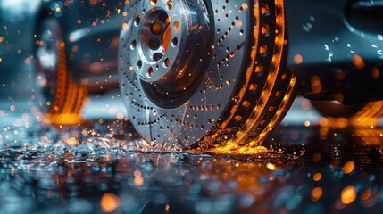 Cinematic photography of a car's brake rotor, its ventilated design optimized for heat dissipation, - obrazy, fototapety, plakaty