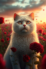 white cat with ambar eyes sitting in a field of red flowers - obrazy, fototapety, plakaty