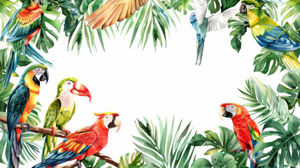 Fototapeta na wymiar watercolor background with copy space in the center, a blank for ad or text, tropical leaves and parrots