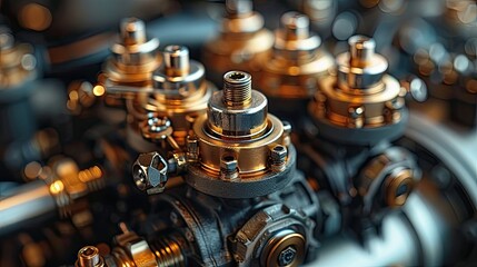 Cinematic photography of a car's fuel pressure regulator, its compact design hinting at the crucial role it plays in maintaining optimal fuel pressure for combustion, captured in ultra HD detail. - obrazy, fototapety, plakaty