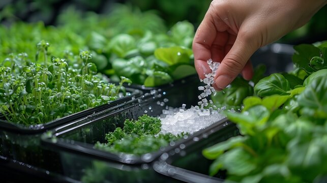 Person Sprinkling Salt on Plant in Greenhouse