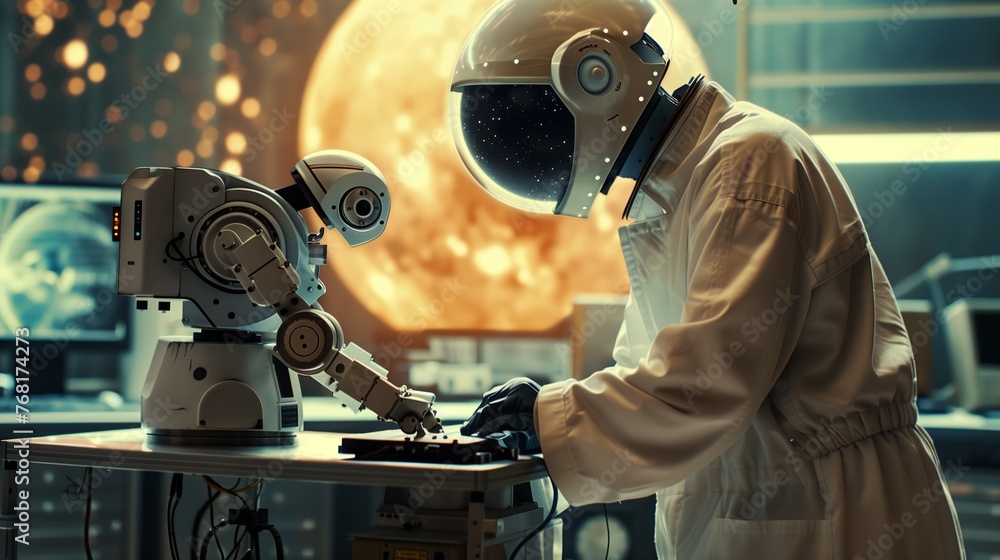 Poster man in white suit working on robot