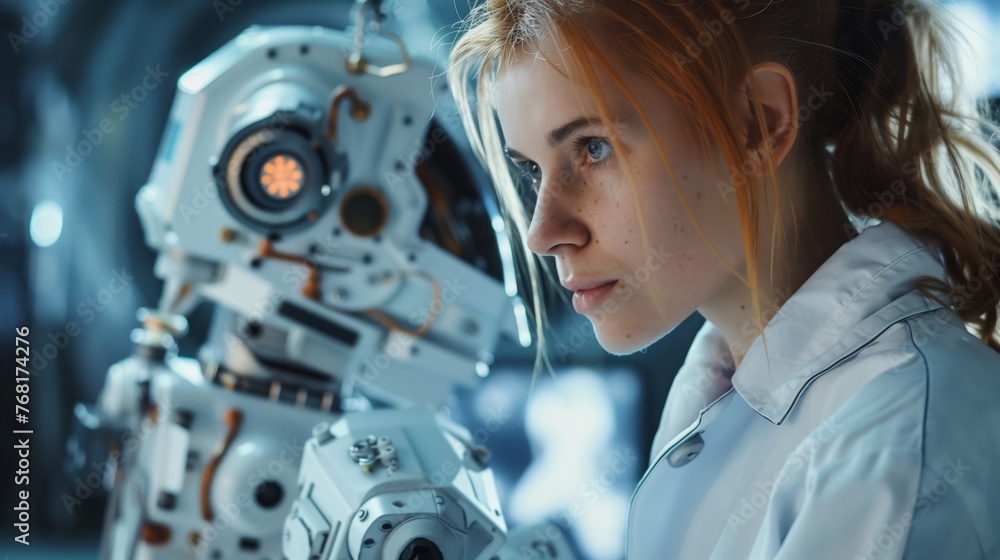 Poster scientist observing robot in lab