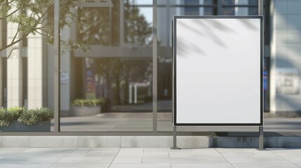 Blank white mockup of bus stop vertical billboard in front of empty street background
