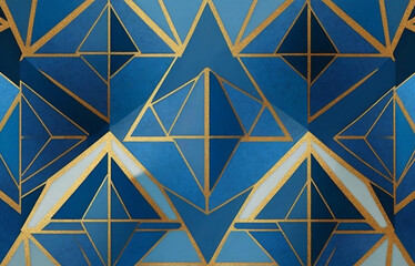 Triangle Blue Vector Background . Abstract elegant art nouveau with delicate golden geometric line vintage decorative minimalist texture style. Design for wallpaper, banner, card