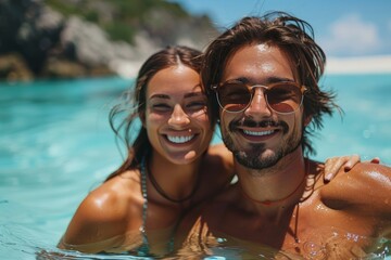 Close-up of a joyful couple hugging in the clear blue sea with smiles on their faces