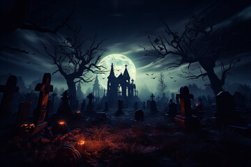Fear death grave cemetery background moon horror halloween tomb AI generative image