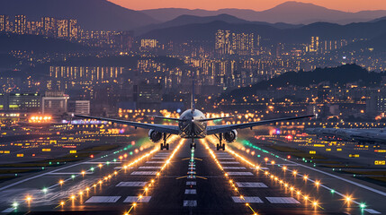  As the day transitions into evening, a massive jetliner races down the runway of a bustling airport, its engines ablaze with fiery intensity. - obrazy, fototapety, plakaty