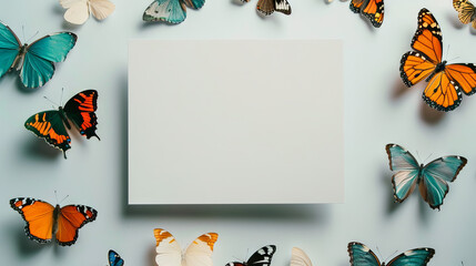 top view of butterflies and white card with copy space