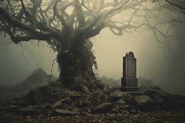 Fear death grave cemetery background moon horror halloween tomb AI generative image - obrazy, fototapety, plakaty