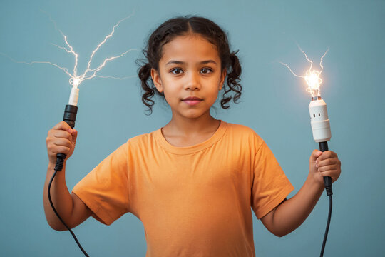 Mixed race girl holding wire with electric shock, lightning flashes under energized energy