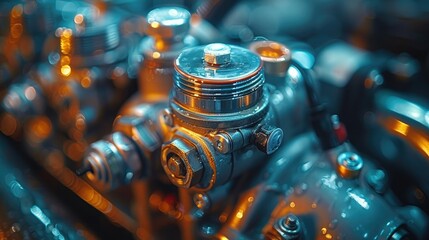 Cinematic photography of a car's fuel pressure regulator, its compact design hinting at the crucial role it plays in maintaining optimal fuel pressure for combustion, captured in ultra HD detail. - obrazy, fototapety, plakaty