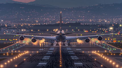 A massive jetliner roaring down the runway of a bustling airport at twilight, surrounded by city...
