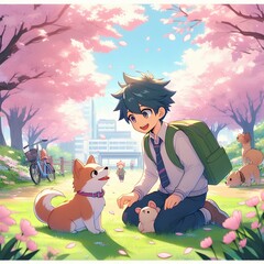 A boy playing with his dog in a sakura garden anime style