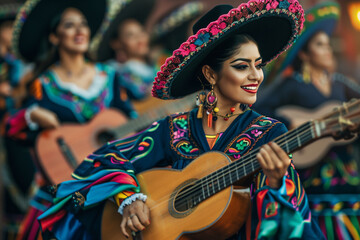 A woman in a colorful dress is playing a guitar in a parade. The other people in the parade are also playing instruments