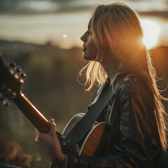 young Woman Playing Guitar Outdoor 
