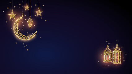 Ramadan or Al-Adha banner with golden shiny decoration. Hanging lanterns, crescent, stars. Traditional islamic lamps, shiny border. Muslim holidays background. Vector