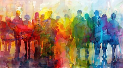 Abstract colorful art watercolor painting depicts a diverse group of people united