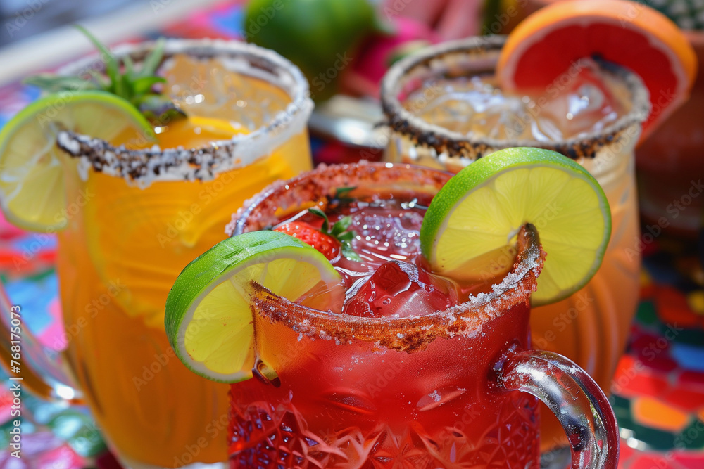 Poster a row of colorful drinks with a lime garnish. the drinks are in different colors and are served in d